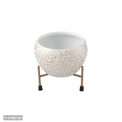 White and Golden Print Metal Pot With Stand For Home and Garden Plants
