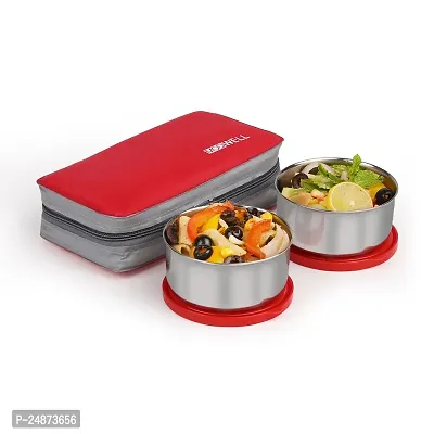 Modwell Happy Meal Thermoware Stainless Steel Lunch Box Set (2 Containers-1 Spoon,1 Fork  1 Bag) (Red)-thumb0