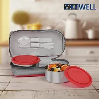 Modwell Happy Meal Thermoware Stainless Steel Lunch Box Set (2 Containers-1 Spoon,1 Fork  1 Bag) (Red)-thumb3