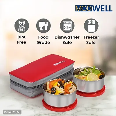 Modwell Happy Meal Thermoware Stainless Steel Lunch Box Set (2 Containers-1 Spoon,1 Fork  1 Bag) (Red)-thumb5