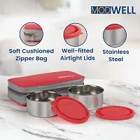 Modwell Happy Meal Thermoware Stainless Steel Lunch Box Set (2 Containers-1 Spoon,1 Fork  1 Bag) (Red)-thumb1