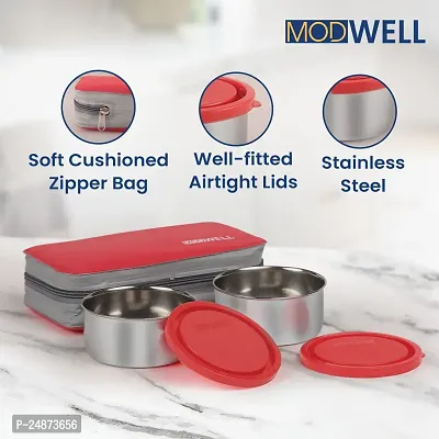 Modwell Happy Meal Thermoware Stainless Steel Lunch Box Set (2 Containers-1 Spoon,1 Fork  1 Bag) (Red)-thumb2