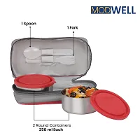 Modwell Happy Meal Thermoware Stainless Steel Lunch Box Set (2 Containers-1 Spoon,1 Fork  1 Bag) (Red)-thumb2