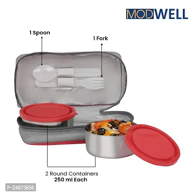 Modwell Happy Meal Thermoware Stainless Steel Lunch Box Set (2 Containers-1 Spoon,1 Fork  1 Bag) (Red)-thumb3