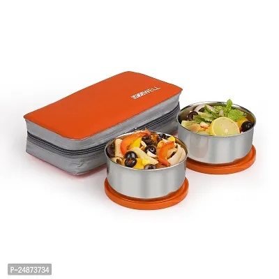 Modwell Stainless Steel Lunch Box Set (2 Containers Lunch Box +1 Spoon,1 Fork  1 Bag) 250 ml-Orange