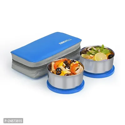 Modwell Stainless Steel Lunch Box Set (2 Containers Lunch Box +1 Spoon,1 Fork  1 Bag) 250 ml-Blue