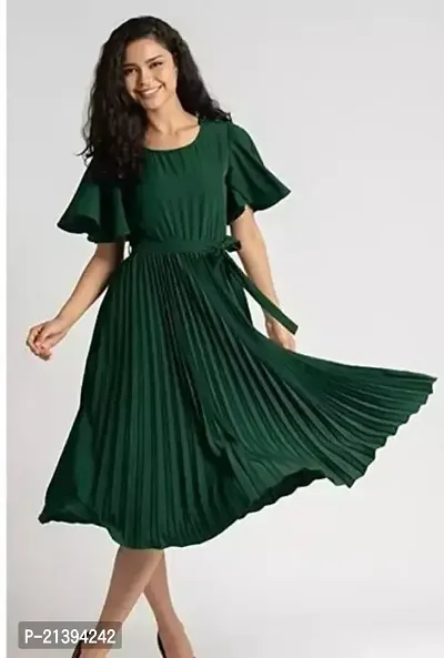 Stylish Green Crepe A-Line Dress For Women-thumb0