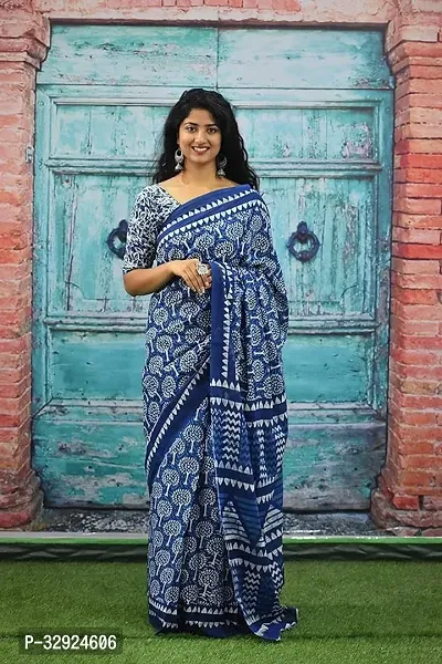 Stylish Blue Cotton Printed Saree with Blouse piece For Women