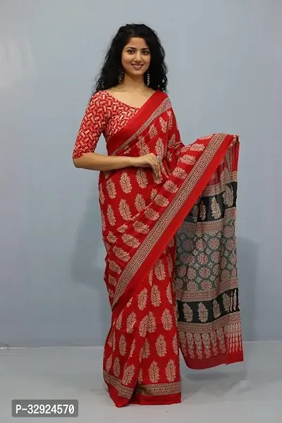 Stylish Red Cotton Printed Saree with Blouse piece For Women-thumb0