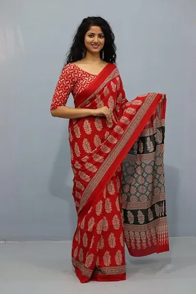 Ikat Multicolored Cotton Sarees With Blouse Piece