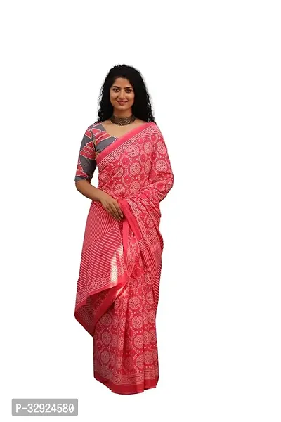 Stylish Pink Cotton Printed Saree with Blouse piece For Women