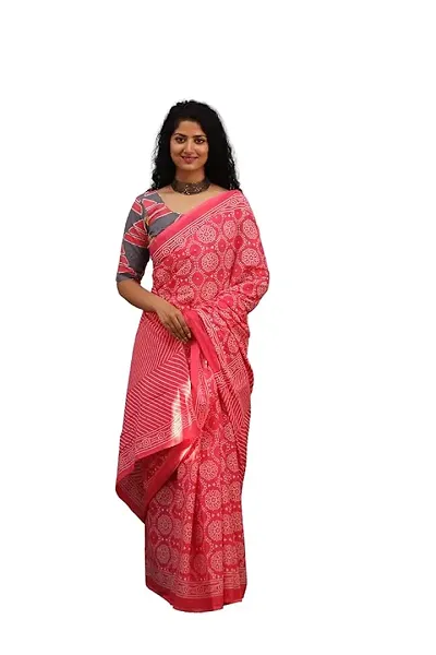 Jalther Handicrafts Women's Ikat Hand Block Print Jaipuri Cotton Mulmul Saree with Blouse Piece