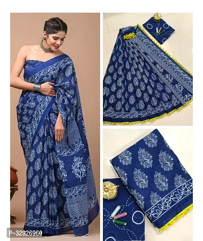 Beautiful Blue Cotton Printed Saree with Blouse Piece For Women