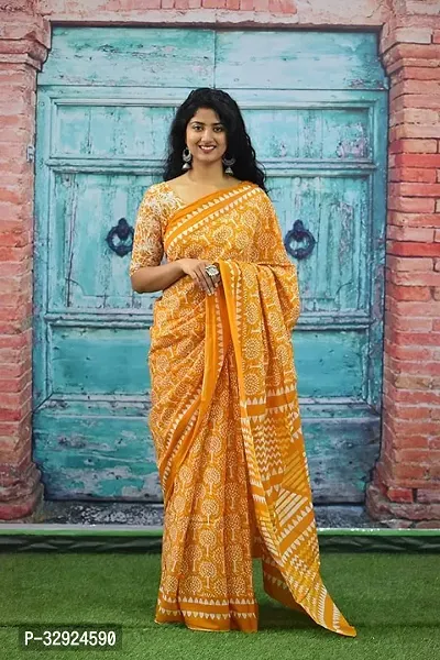 Stylish Yellow Cotton Printed Saree with Blouse piece For Women-thumb0