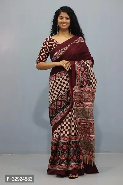 Stylish Maroon Cotton Printed Saree with Blouse piece For Women