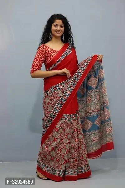 Stylish Red Cotton Printed Saree with Blouse piece For Women