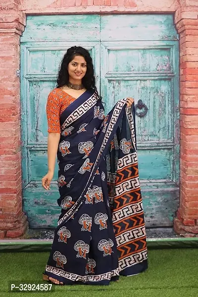 Stylish Blue Cotton Printed Saree with Blouse piece For Women