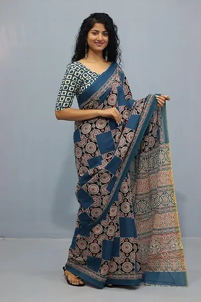 Jalther Handicrafts Women's Ikat Hand Block Print Jaipuri Cotton Mulmul Saree with Blouse Piece