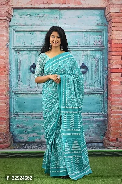 Stylish Blue Cotton Printed Saree with Blouse piece For Women-thumb0