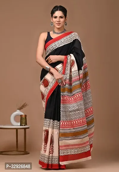 Beautiful Black Cotton Printed Saree with Blouse Piece For Women-thumb0