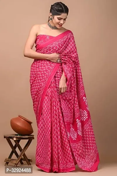 Stylish Pink Cotton Printed Saree with Blouse piece For Women-thumb0