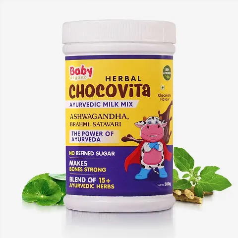 Baby Organo Herbal ChocoVita Ayurvedic Nutrition and Health Drink |Kids Milk mix with No refined Sugar| Contains Ashwagandha, Brahmi, Satavari and 14+ other Ayurvedic herbs | Chocolate flavour | 300g