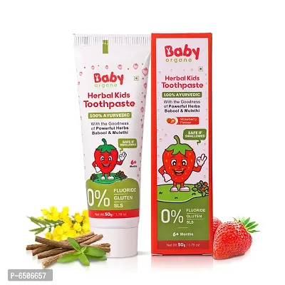 BabyOrgano Herbal Kids Toothpaste with the goodness of Babool and Mulethi |Non Gel, 50g| Strawberry Flavour|Fluoride Free, SLS Free, 100% Ayurvedic, FDCA Approved