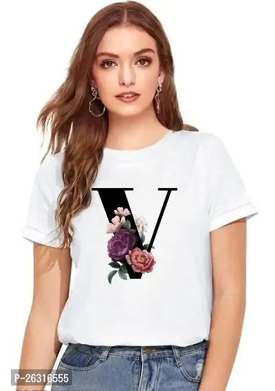 Zenloop Styles Women Round Neck V Flower Printed T-Shirts White-thumb0