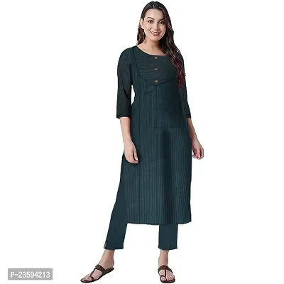 Unique Style Women Lines Kurta and Pant Set Khadi Cotton Women/Girls Pure Cotton Printed Kurti with Pant (XX-Large, Green)-thumb0