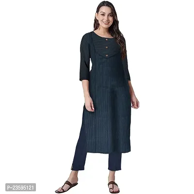 Unique Style Women Lines Kurta and Pant Set Khadi Cotton Women/Girls Pure Cotton Printed Kurti with Pant (X-Large, Blue)-thumb0