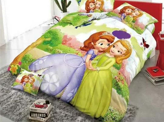 Cartoon 4D Printed Glace Cotton Queen Size Double Bed Sheet With 2 Pillow Covers