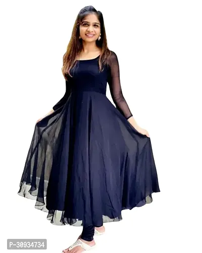 Stylish Navy Blue Georgette Solid Anarkali Kurta For Women-thumb0