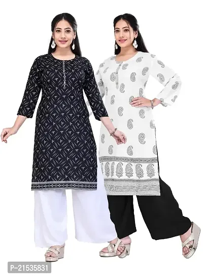 4k fashion Women Printed Kurti for Office Wear, Casual Kurti, Regular Wear,Kurta for Women/Girls Kurtis (M, Black and White)