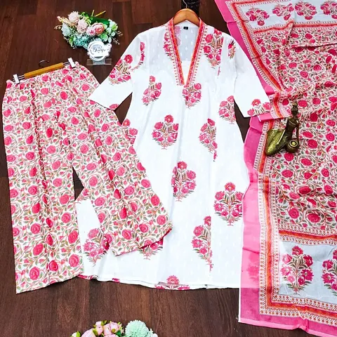 Stylish Cotton Printed Kurta Bottom Dupatta Set