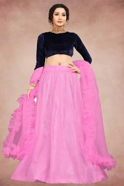 Stylish Net Solid Semi Stitched Lehenga Choli Set