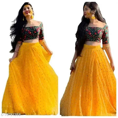 Nena Fashion Women's Net Silk Semi-Stitched Lehenga Choli and Dupatta Set (Yellow, Free Size)