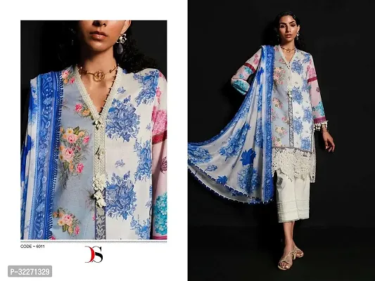 Elegant Blue Cotton Embroidered Dress Material with Dupatta For Women-thumb0