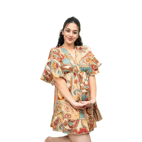 Trendy Polyester Floral Print V-Neck Ruffle Sleeve Mini Dress