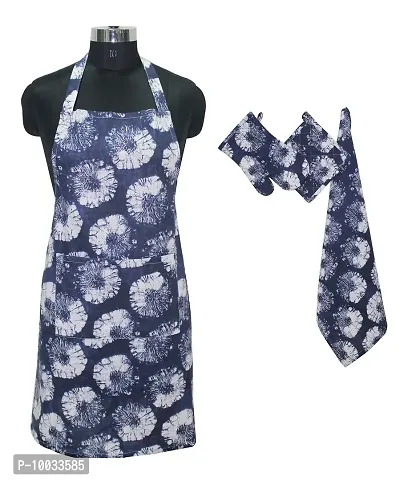 Oasis Home Collection Cotton Printed Apron, Glove, Pot Holder & Kitche Towel Set - Blue Ring (Pack of 4)