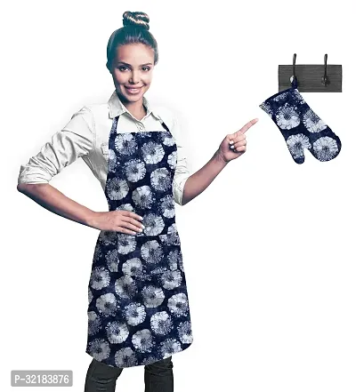 Cotton Kitchen Linen Set ( Apron, Glove ) - Blue Ring Size apron - 65x80 cm ,glove 18x28 cm