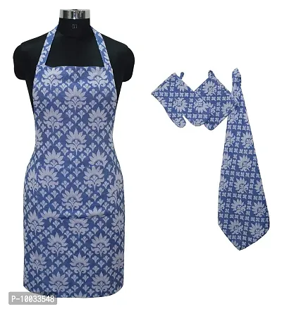 Oasis Home Collection Cotton Jacquard Apron, Glove, Pot Holder & Kitche Towel Set - Blue Damask (Pack of 4)