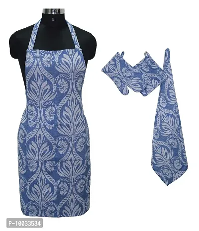 Oasis Home Collection Cotton Jacquard Apron, Glove, Pot Holder & Kitche Towel Set - Blue Big Floral (Pack of 4)