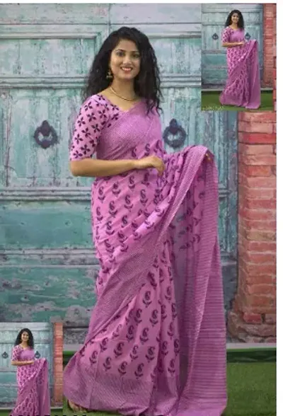 Elegant Cotton Mulmul Printed Sarees With Blouse Piece