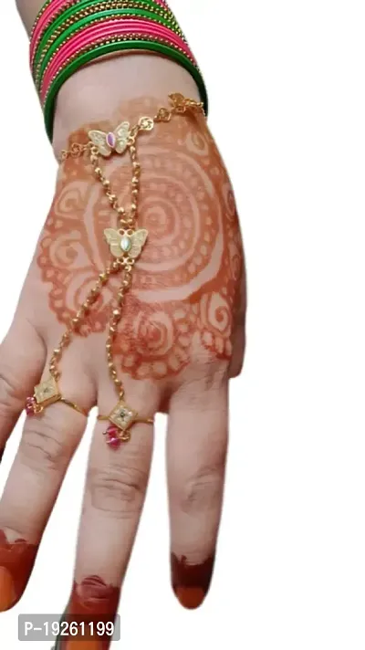 Traditional Jewelry Rajwadi Handmade Hathphool/Hath Panja/Pocha/Bracelet with Ring with Meenakari Gold Plated for Women Dulhan and Girl for Indian occasions-thumb3