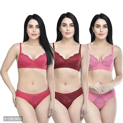 Yashika Fashion Women's Net Bra and Panty Set Combo Pack of 3 (Pink ) Size (34)-thumb0