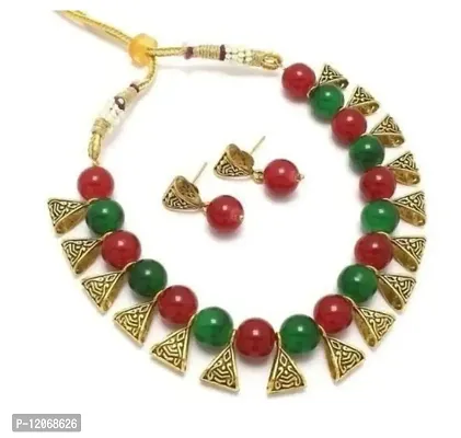 The Trends Green red and golden pearl trendy necklace and earrings set For Women