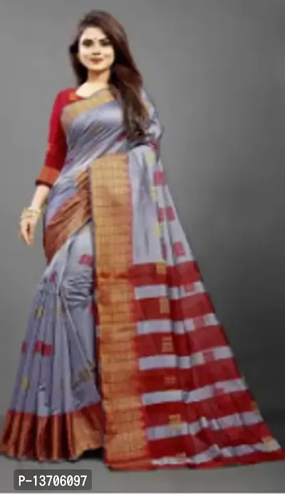 Stylish Silk Blend Grey Woven Design Saree with Blouse piece For Women-thumb0