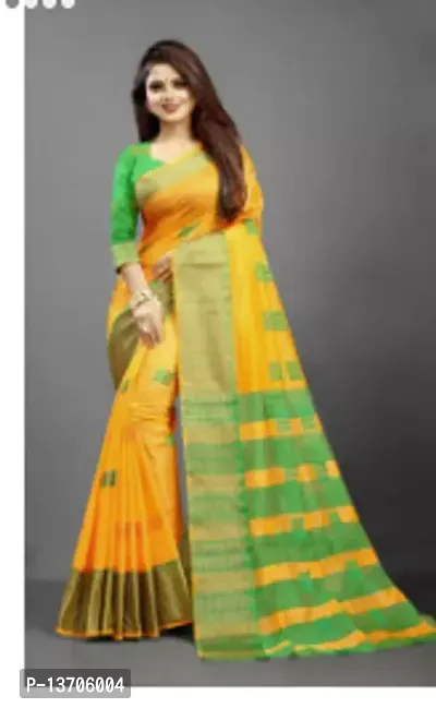 Stylish Silk Blend Yellow Woven Design Saree with Blouse piece For Women