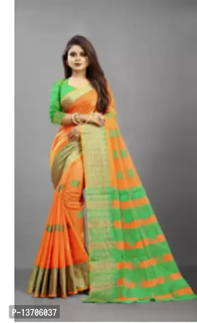 Stylish Silk Blend Orange Woven Design Saree with Blouse piece For Women-thumb0