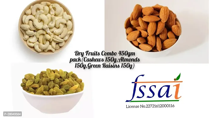 Dry Fruits Combo 450gm Pack(Cashews 150g,Almonds 150g,Green Raisins 150g)-thumb0